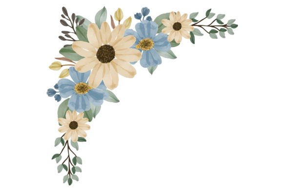 Blue and Yellow Watercolor Floral Frame Illustrations