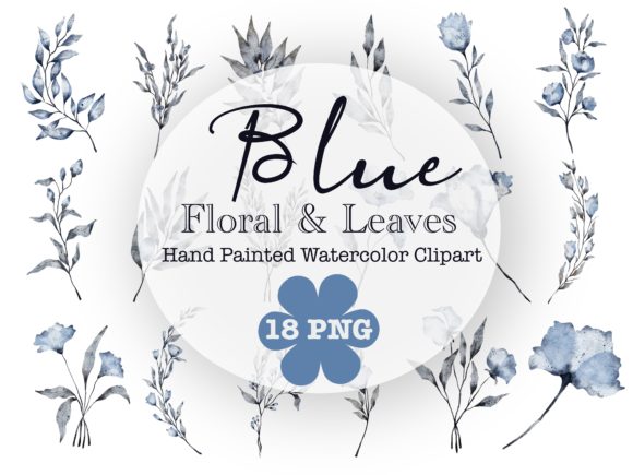 Blue Floral and Leaves Watercolor Illustrations