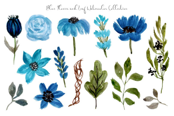 Blue Flower and Leaf Watercolor Illustrations