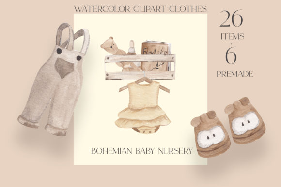 Boho Baby Clothes Clipart, Watercolor Illustrations