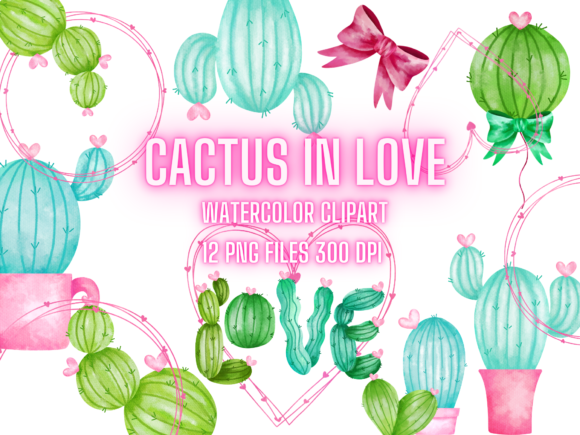 Cactus in Love Watercolor Clipart