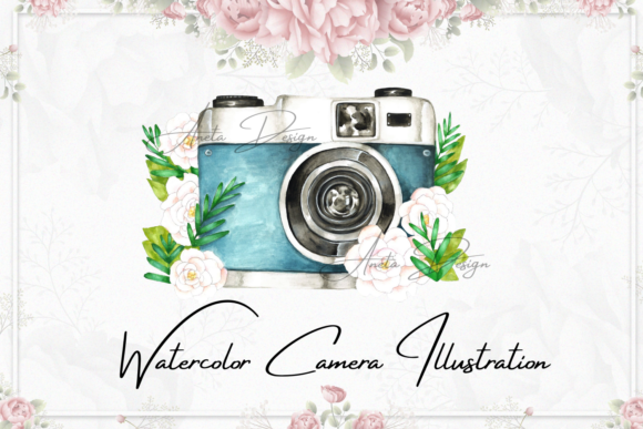 Camera with Watercolor Flowers Clipart and Illustrations