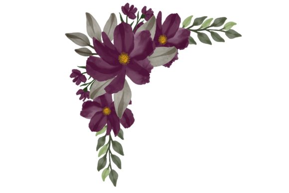 Dark Purple Watercolor Floral Frame and Illustrations