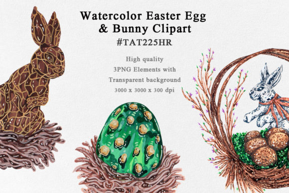 Easter Egg and Bunny Watercolor Clipart Illustrations