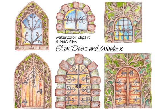 Elven Doors Windows Watercolor Clipart