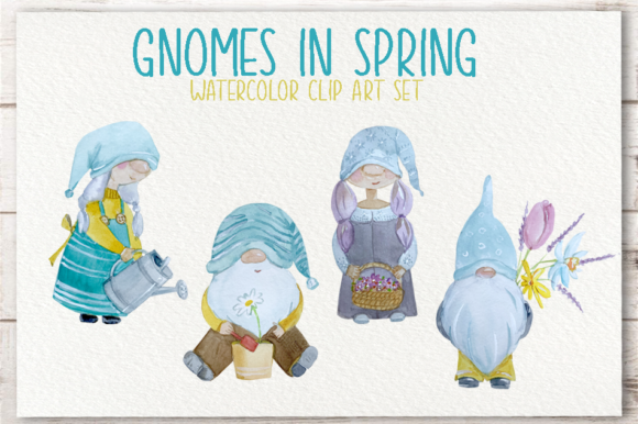 Gnomes in Spring Watercolor Clip Art Set