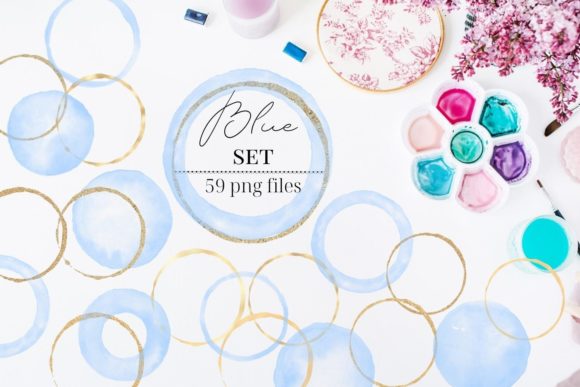 Gold Circles with Blue Watercolor Illustrations