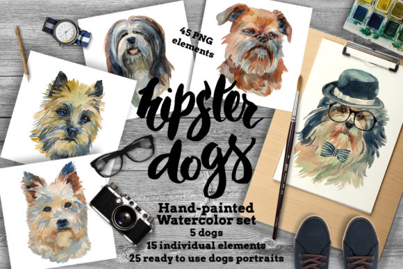 Hipster Dogs Watercolor Set and Illustrations