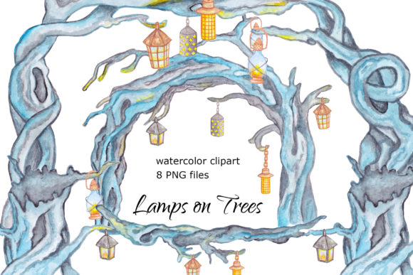 Lamps on Trees Watercolor Clipart and Illustrations