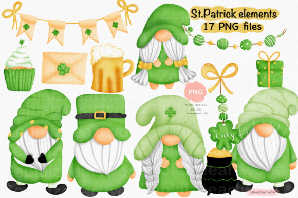 St. Patrick Gnome Watercolor Clipart & Illustrations