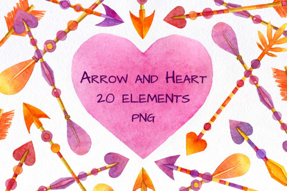 Valentine Arrow Heart Watercolor Clipart and Illustrations