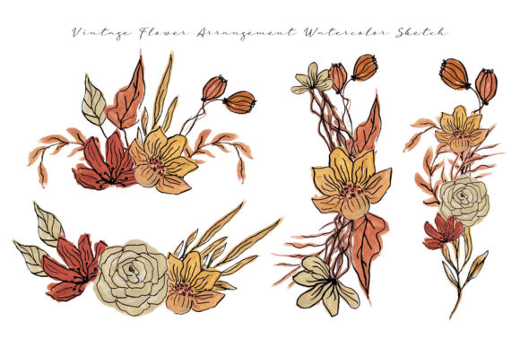 Vintage Flower Watercolor Arrangement Illustrations