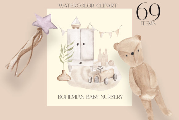 Watercolor Boho Baby PNG Bundle and Illustrations