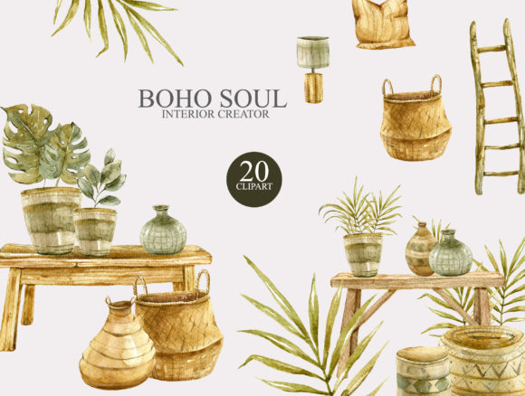 Watercolor Boho Interior Clipart Set and Illustrations