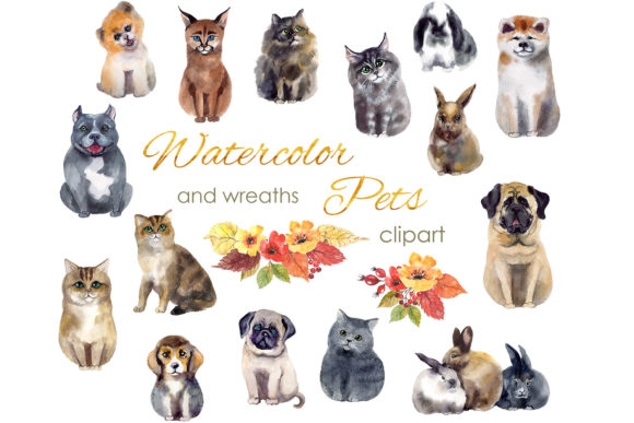Watercolor Clipart. Cute Dogs and Cats Illustrations
