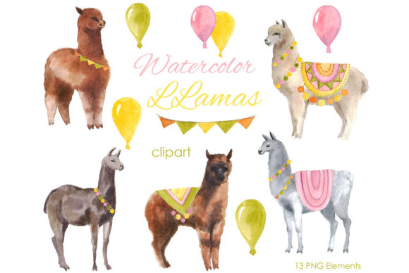 Watercolor Clipart. Llama Summer Alpaca