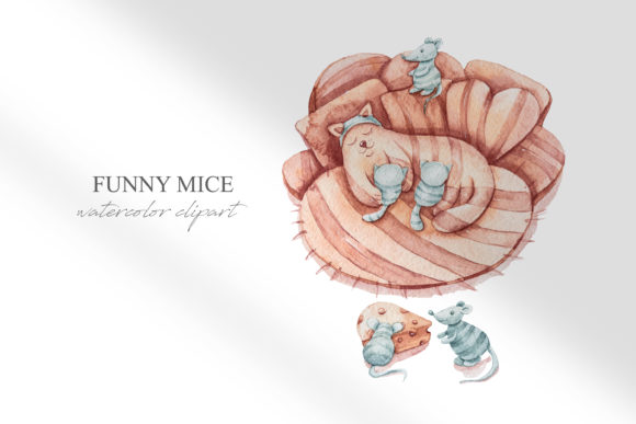 Watercolor Cute Cats and Mice Clipart and Illustrations