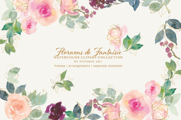 Watercolor Gold Blush Floral Clipart Set and Illustrations