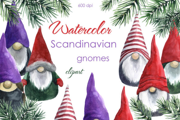 Watercolor Holiday Decor Gnome Clipart Illustrations