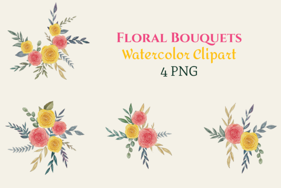 Watercolor Red Yellow Floral Bouquets Illustrations