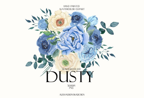 Winter Dusty Blue Flowers Watercolor Set and Illustrations